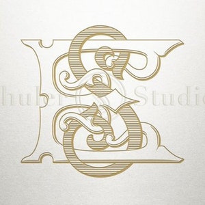 May include: A gold monogram with the letters "E" and "S" intertwined in a decorative, ornate style. The letters are stylized with flourishes and swirls.