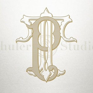 Puede incluir: Un monograma dorado con la letra "P" en una fuente decorativa y adornada. La letra está rodeada de florituras y volutas intrincadas.