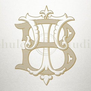 May include: A gold monogram featuring the letters "HB" interwoven in a decorative, ornate font. The letters are encircled by elaborate flourishes and scrollwork.