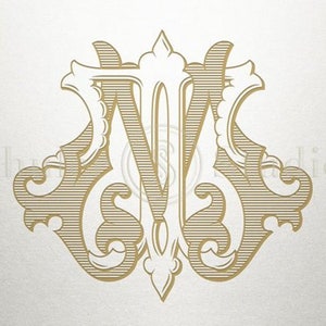 May include: A gold monogram with the letters "M" and "N" intertwined in a decorative, ornate design. The letters are surrounded by intricate flourishes and scrolls.
