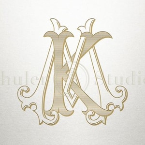 May include: A gold monogram with the letters "M" and "K" intertwined in a decorative, ornate font. The letters are surrounded by intricate flourishes and swirls.