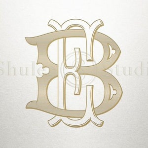 May include: A gold monogram with the letters "B" and "B" intertwined. The letters are in a classic, ornate font.