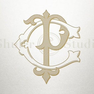 May include: A gold monogram with the letters "C" and "P" intertwined in a decorative, ornate design.