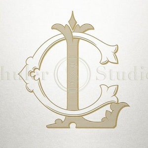 May include: A gold monogram with the letters "C" and "L" intertwined. The letters are in a decorative, ornate font with flourishes.