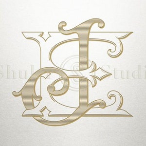 May include: A gold monogram featuring the letters "B" and "F" intertwined in a decorative, ornate font.