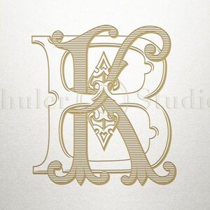 May include: A gold monogram with the letters "B" and "K" intertwined in a decorative, ornate font.