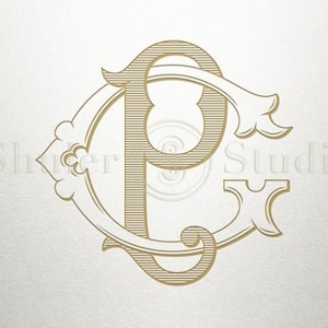May include: A gold monogram with the letters "C" and "P" intertwined in a decorative design.