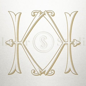 May include: Gold monogram design featuring the letters 'H' and 'A' intertwined within a diamond shape, with a smaller 'S' in a circle at the center. The design is set against a textured, off-white background, with decorative flourishes.