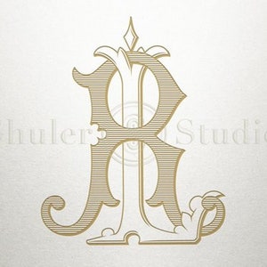 May include: A gold-coloured monogram initial "R" with a decorative flourish. The letter is styled with a striped pattern and intricate details.