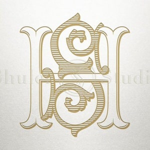 Puede incluir: Un monograma dorado con las letras "H" y "S" entrelazadas en una fuente decorativa y adornada.