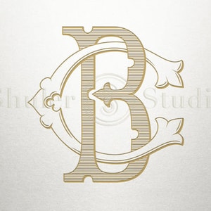 May include: A gold-colored monogram featuring the letters "B" and "C" intertwined. The design has a vintage aesthetic with decorative flourishes and vertical lines within the letters. The text "Shkr Studio" is faintly visible.