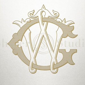 May include: A gold monogram with the letters "CW" intertwined in a decorative circle. The letters are surrounded by a decorative flourish.