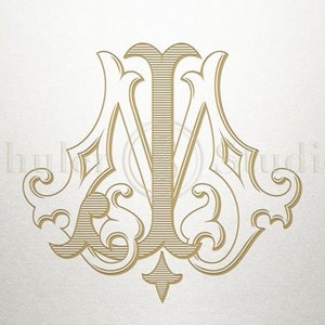 May include: A gold monogram with the letters "M" and "J" intertwined in a decorative, ornate design.