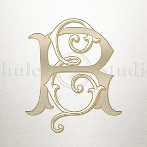 Puede incluir: Un monograma dorado con las letras B y B entrelazadas en una fuente decorativa y adornada.