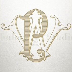 May include: A gold monogram with the letters "P" and "W" intertwined. The letters are in a decorative, ornate font.