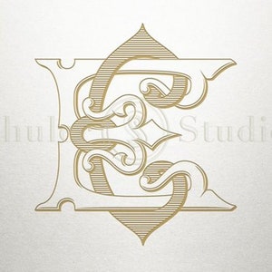 May include: A gold monogram with the letter "E" in a decorative, ornate font. The letter is surrounded by intricate flourishes and swirls.