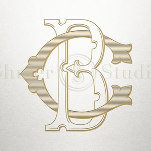 May include: Interlocking monogram of the letters C and B in a gold color. The letters are stylized with ornate flourishes and a striped pattern.