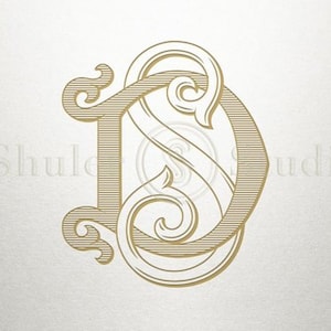 May include: A gold monogram with the letters "S" and "D" intertwined in a decorative, stylized font.