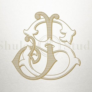 Könnte beinhalten: Ein goldenes Monogramm mit den Buchstaben "JS", die in einer dekorativen, verzierten Schriftart miteinander verschlungen sind.