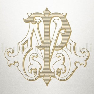 May include: A gold monogram with the letters "NP" intertwined in a decorative, ornate design.