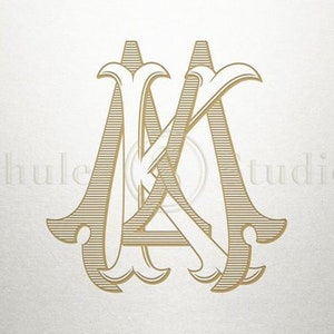 May include: A monogram design featuring the letters "M" and "K" intertwined. The letters are in a classic, elegant font and are surrounded by decorative flourishes.