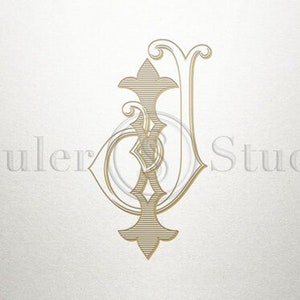 May include: A gold monogram with the letters "I" and "U" intertwined in a decorative, ornate design.