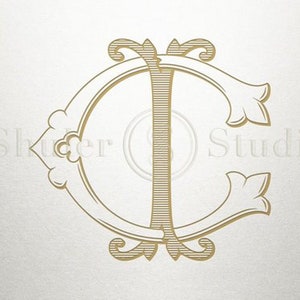 以下が含まれることがあります： 装飾的な華やかなデザインで、文字「C」と「I」が絡み合った金のモノグラムです。