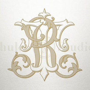 May include: A gold monogram with the letters "R" and "K" intertwined in a decorative, ornate design.