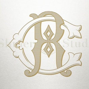 May include: A gold monogram with the letters "C" and "R" intertwined. The letters are in a decorative, ornate font with a striped pattern. The monogram is surrounded by a decorative border.
