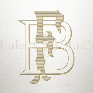 Puede incluir: Un diseño de monograma dorado con las letras "FB" entrelazadas. Las letras están en una fuente serif con elementos decorativos y líneas verticales. El fondo es de color blanco roto texturizado. El texto "Shuler Studio" es visible.