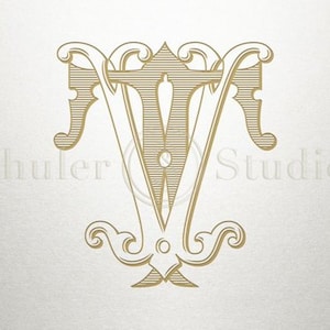 May include: A gold monogram with the letters "VV" in a decorative, ornate font. The letters are intertwined and have a vintage, classic style.