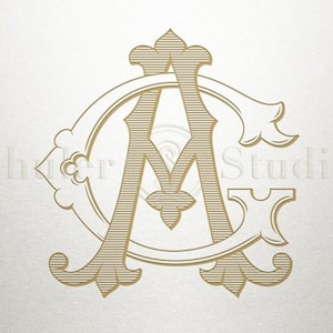 May include: A monogram design featuring the letters "A" and "C" intertwined in a decorative, ornate style. The letters are in a gold colour and have a textured, striped pattern.