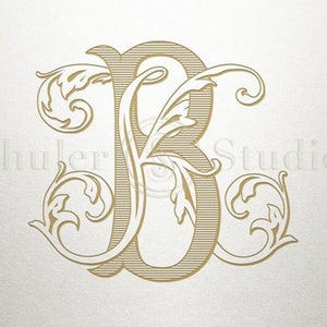 May include: A gold monogram with the letter "R" surrounded by ornate floral designs.