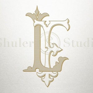 May include: A gold-colored, ornate, decorative letter E with a stylized design.