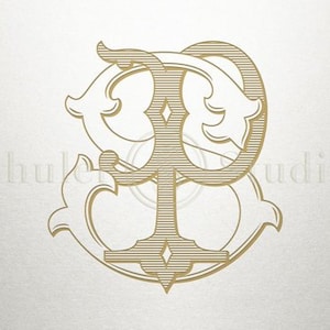 May include: A gold monogram with the letters "P" and "S" intertwined in a decorative, ornate design.