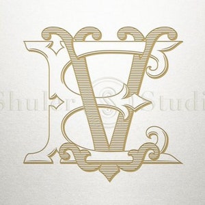 May include: A gold monogram with the letters "E" and "V" intertwined in a decorative, ornate style.