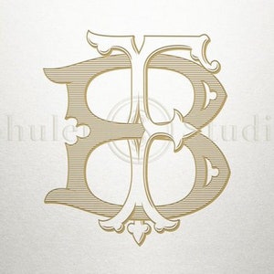 Puede incluir: Un monograma dorado con las letras "B" y "B" entrelazadas. Las letras están en una fuente decorativa y adornada.