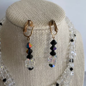 Vintage ‘90s Swarovski Crystal Cube Bead and Jet Black Bead Necklace and Drop Earrings
