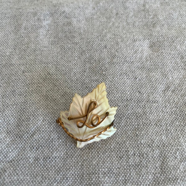 Vintage mother of pearl carved maple leaf pin brooch with initial “ L”