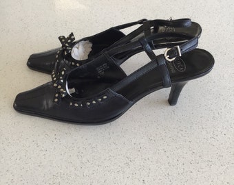 vintage Joan & David Black Leather Sling back Kitten Heel Taille de chaussure US 7,5