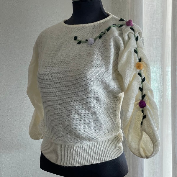 80's Black Ivory Beige Colorblock Boat Neck Dolman Wide Sleeve Silk Sweater by Koret