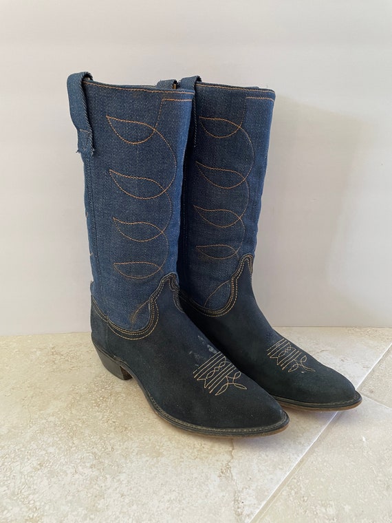 Vintage 1970s ACME Blue Suede and  Denim Cowboy Bo