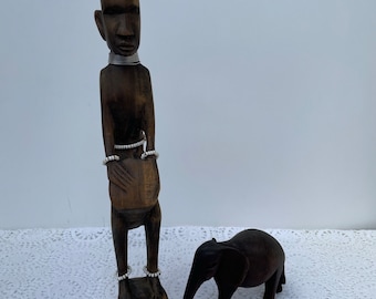 African Carved Wood Kenyan Drummer and Elephant Besmo