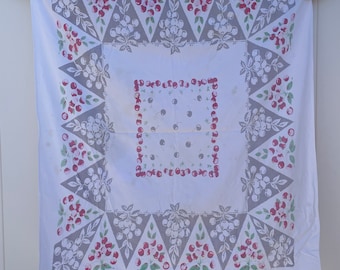 Vintage 1950s Cotton Tablecloth: Cherries & Triangles Print