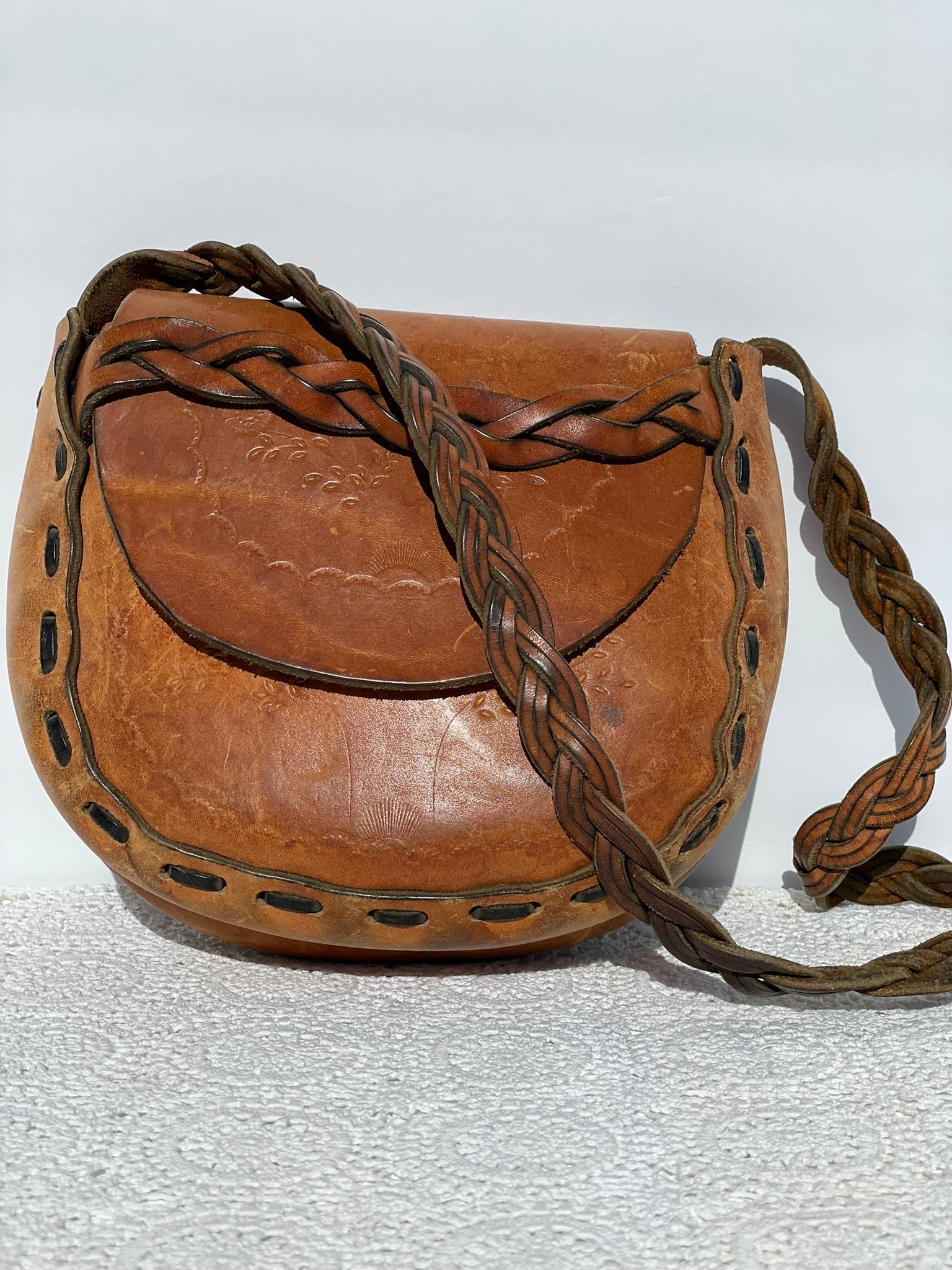 Vintage Stamped Leather Shoulder Bag w/Antler Bead Closure, Hippie Era Bag main image 0