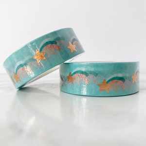 Teal Shooting Stars ROSE GOLD FOIL Washi Tape 15mm x 10meters | Masking Tape, Decorative Tape | Planning, Bullet Journaling, Hobonichi