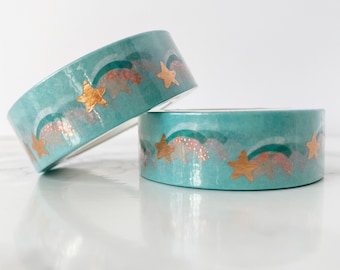 Teal Shooting Stars ROSE GOLD FOIL Washi Tape 15mm x 10meters | Masking Tape, Decorative Tape | Planning, Bullet Journaling, Hobonichi