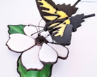 Yellow Swallowtail Butterfly on White Daisy Stained Glass Art
