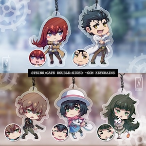 May include: Double-sided acrylic keychains featuring characters from the anime series Steins;Gate. The keychains are approximately 6 cm in size and feature characters such as Okabe Rintarou, Kurisu Makise, Mayuri Shiina, and others.