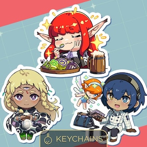 May include: Three vibrant anime-style character stickers. One shows a red-haired elf eating, another a blonde character with a third eye, and the last a blue-haired character with a book. The word "KEYCHAINS" is at the bottom.
